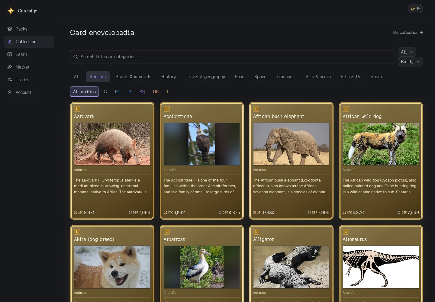 The live English Cardmigo catalog filtered to Animals
