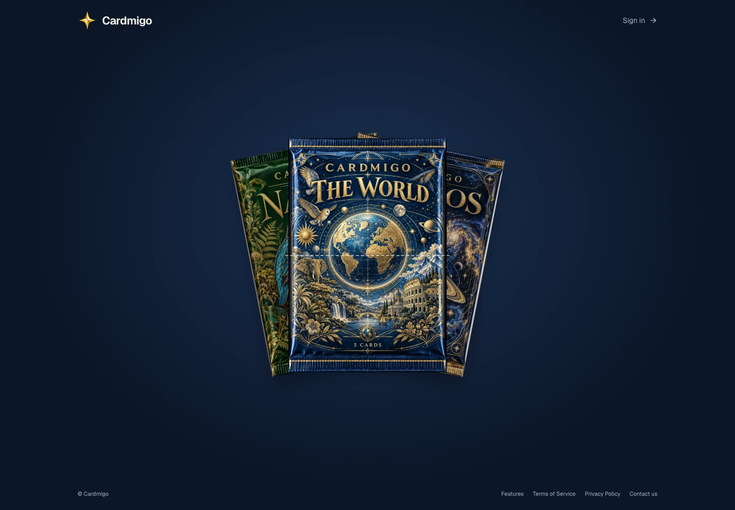 The real English Cardmigo welcome screen with a tearable mystery pack