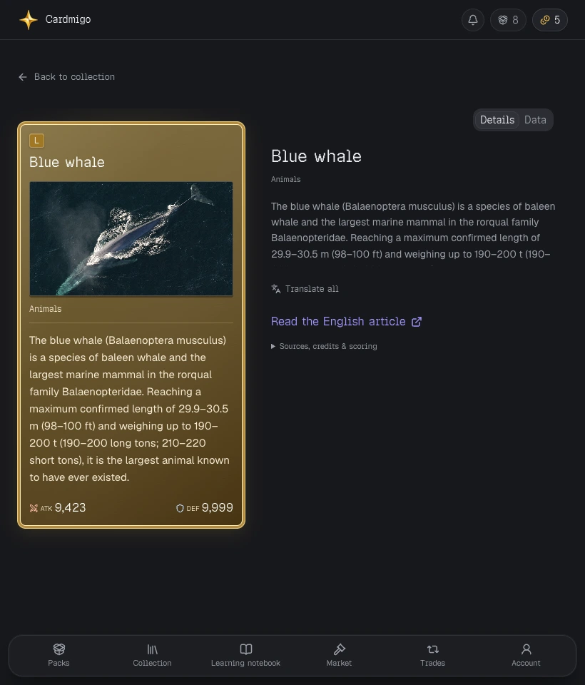 English Cardmigo reading view showing the Blue whale encyclopedia card and article