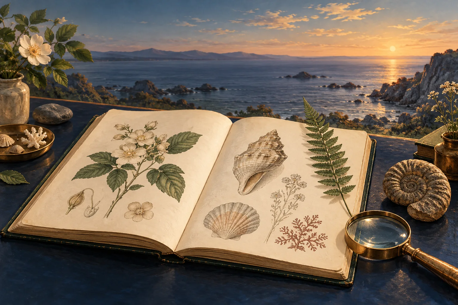 Illustration of a naturalist’s notebook beside the sea