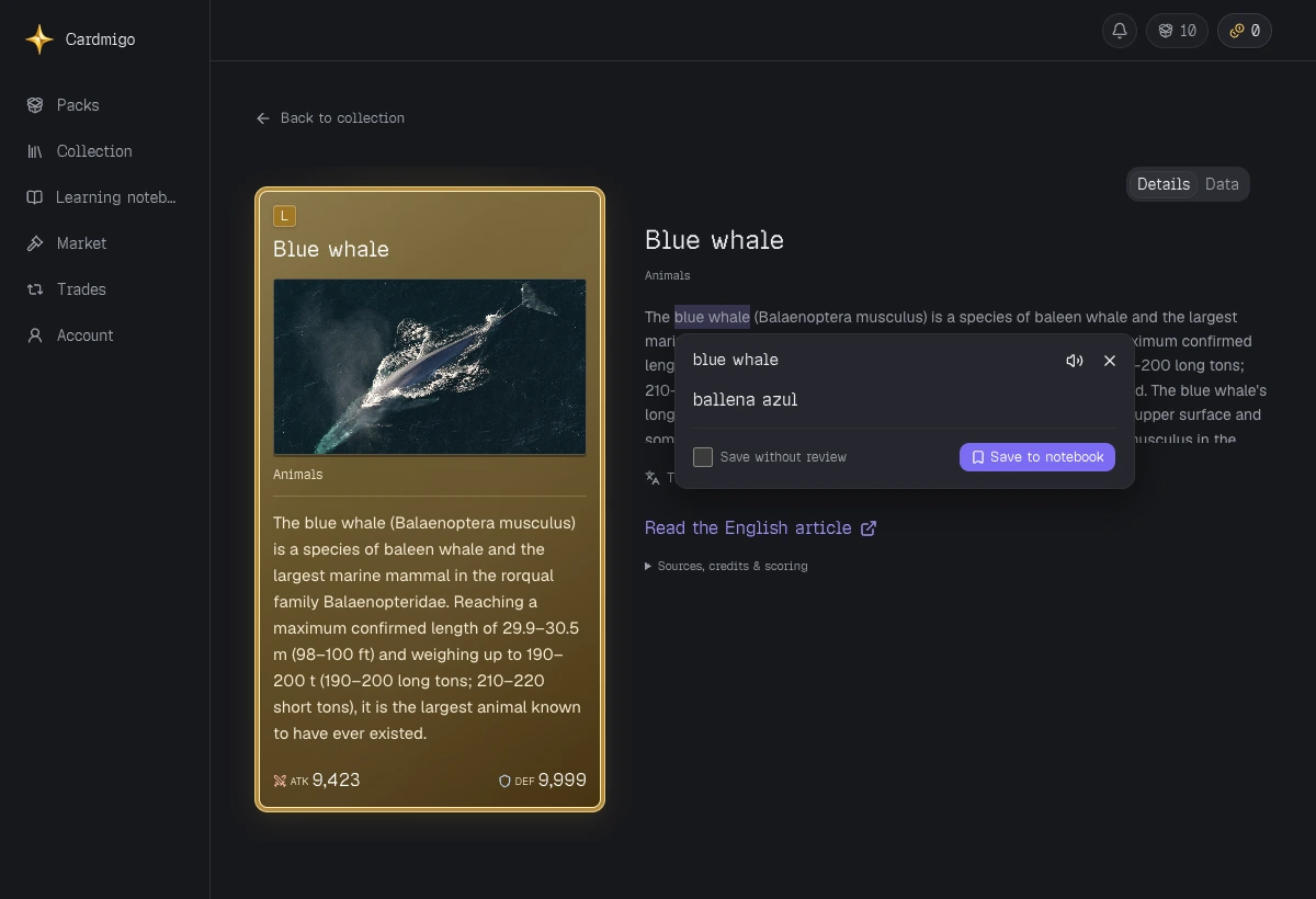 Real English Cardmigo reader translating the phrase blue whale into Spanish